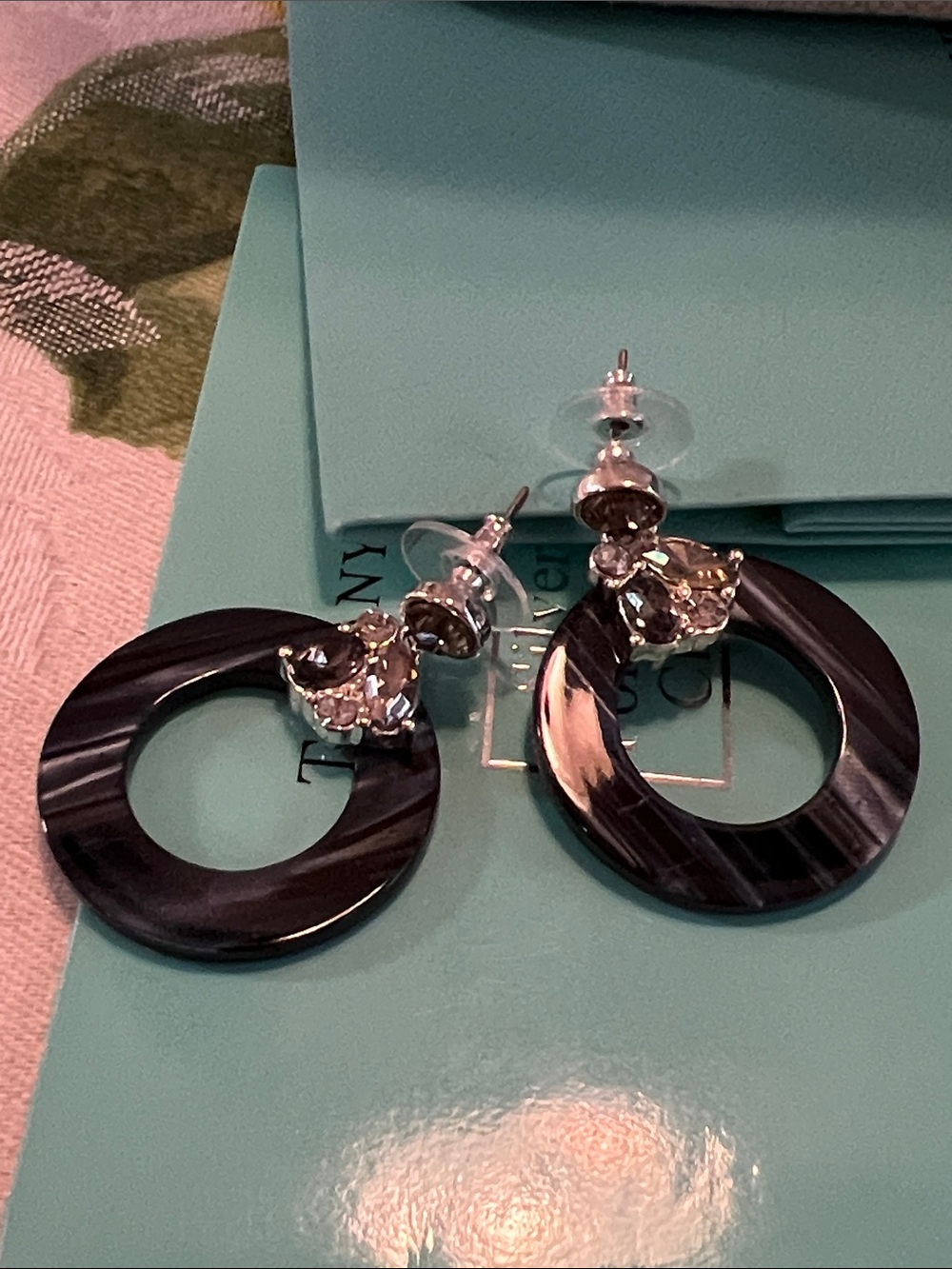Navy Blue Hoop Drop Earrings with Crystal Accents Ann Taylor Loft